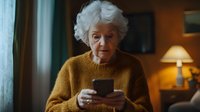 Senior woman with white hair wearing yellow sweater using smartphone at home in warm evening lighting, looking at screen with focused expression.