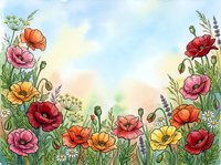 Watercolor wildflower meadow border with colorful poppies and herbs on soft pastel sky background for spring and summer botanical designs.