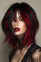 Stylish bob haircut with vibrant red highlights on black hair, paired with matching bold red lips against neutral background.