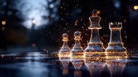 Glowing chess pieces with magical sparkles on reflective surface against dark background with bokeh lights create mystical atmosphere for strategy concepts.