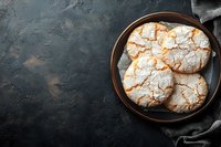 Homemade crinkle cookies with powdered sugar coating on dark plate against textured black background. Fresh baked Italian amaretti or lemon cookies.