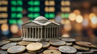 Miniature bank building model surrounded by coins with financial market data display in background representing economic growth and investment opportunities.
