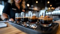 Craft beer tasting flight served on black wooden board at bar counter with bokeh lights in background, selective focus on glasses with dark brew.
