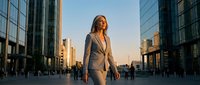 Confident middle-aged Caucasian businesswoman in gray suit walking through modern financial district at sunset, urban corporate lifestyle.