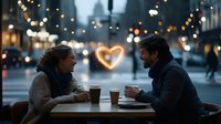 Young diverse couple enjoying coffee date at outdoor cafe table with glowing heart bokeh light, romantic evening city atmosphere, winter urban lifestyle scene.