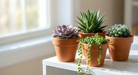 Small succulent plants in terracotta pots arranged on white windowsill with natural sunlight creating peaceful indoor garden atmosphere for home decor.