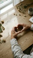 Elderly person making heart shape with hands on wooden table surrounded by dried wildflowers, warm natural light, love and care concept.