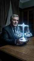 Mature Caucasian lawyer holding glowing scales of justice in elegant office with books and curtains representing legal expertise and fairness.