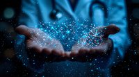 Magical glowing blue particles floating above open palms against dark background, creating ethereal atmosphere of mystery and wonder. For fantasy and spiritual designs.