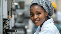 Young African American female chef in white uniform and checkered headscarf smiling confidently in professional kitchen, representing diversity in culinary industry.