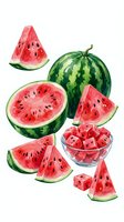 Watercolor watermelon collection with whole fruit, slices and cubes in glass bowl isolated on white background for summer design projects.