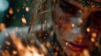 Intense close-up of woman with dirty face and blonde hair amid flying sparks and embers, creating dramatic post-apocalyptic atmosphere for cinematic projects.