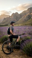 Mountain biker pausing in purple lavender field during golden hour sunset with dramatic peaks in background for outdoor adventure and cycling content.