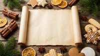 Blank parchment scroll surrounded by holiday baking ingredients, cinnamon sticks, star anise, dried citrus slices, gingerbread cookies, and evergreen branches on rustic wooden surface for festive recipe or menu design.