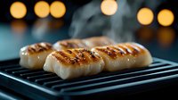 Grilled scallops with caramelized sear marks on black grill grates against dark background with golden bokeh lights creating atmospheric dining mood.
