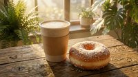 Warm coffee in wooden cup beside glazed donut on rustic table with potted plants and sunlit window, perfect for cafe and bakery marketing.