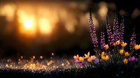 Purple lavender spikes and colorful crocus flowers blooming in golden sunset light with sparkling dewdrops on grass creating magical spring garden atmosphere.