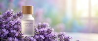 Lavender essential oil bottle with wooden cap surrounded by fresh purple lavender flowers on soft bokeh background for aromatherapy and wellness products.