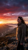 Woman hiker standing on mountain peak at golden hour sunrise, gazing at dramatic sky with winding river valley below. Adventure and outdoor travel concept.