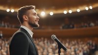 Confident young male speaker in formal suit addressing audience at conference venue with microphone, illuminated by stage lights in elegant auditorium setting.