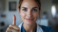 Young female medical professional in white coat showing thumbs up with confident smile and friendly expression, representing healthcare success and positive attitude.