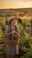 Happy young Caucasian woman farmer in straw hat harvesting fresh artichokes in wicker basket at sunset on organic farm field during golden hour.