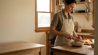 Middle-aged woman of South Asian descent wearing apron, preparing fresh vegetables in bright kitchen with wooden furniture and natural light from window.