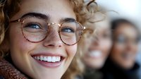 Young woman with curly blonde hair and glasses smiling genuinely with friends in background. Natural candid portrait showing joy and authentic emotions.