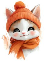 Adorable white cat wearing orange knit beanie and scarf, with rosy cheeks and happy expression, illustrated in soft digital art style for children's designs.