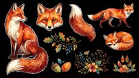 Watercolor fox clipart set with sitting, walking, and sleeping foxes, floral elements, acorn, and paw print, isolated on transparent background for stickers, T-shirts, and print on demand.