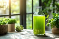 Fresh green vegetable juice in glass bottle on wooden table with herbs and lime, healthy detox smoothie for wellness lifestyle and nutrition.