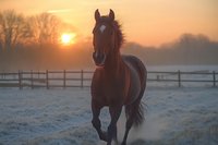 Brown horse galloping through snowy field at golden sunrise with wooden fence and bare trees creating peaceful winter morning scene for equestrian content.