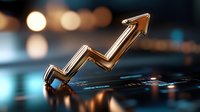 Golden arrow graph trending upward on dark background with bokeh lights, representing financial growth and business success in stock market analysis.