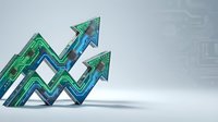 Upward trending arrows with circuit board pattern and glowing green blue lights symbolizing financial growth, technology advancement, and business success on isolated white background.