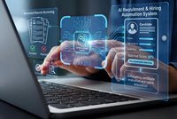 Businessman using AI recruitment hiring automation system with holographic interface on laptop for candidate screening and selection process.