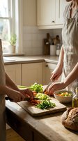 Two women preparing fresh salad together in bright modern kitchen with natural lighting and wooden cutting board for healthy cooking lifestyle.