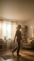 Senior woman practicing yoga at home in warm sunlight streaming through living room windows during morning wellness routine.