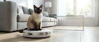 Siamese cat sitting on white robotic vacuum cleaner in modern living room with gray sofa and natural light streaming through windows.