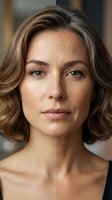 Middle-aged Caucasian woman with shoulder-length wavy brown hair and natural makeup looking directly at camera with confident expression for lifestyle portrait.