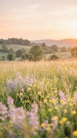 Wildflower meadow at golden hour with purple blooms and rolling hills in soft sunset light creating peaceful countryside atmosphere.