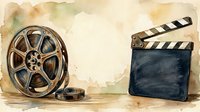 Vintage film reel and movie clapperboard on aged paper background. Filmmaking, cinema production, and entertainment industry concept for media projects.