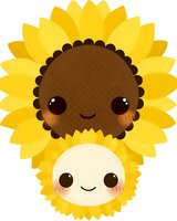 Cute kawaii sunflower characters with happy smiling faces on isolated background. Yellow petals and brown centers create cheerful floral design for children products.