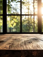 Rustic wooden table surface with natural sunlight streaming through window, forest view background creates cozy atmosphere. Selective focus on wood grain texture.