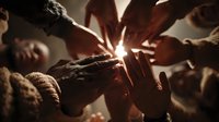 Diverse group of people joining hands together in unity and teamwork gesture with warm lighting creating inspiring atmosphere for collaboration concepts.