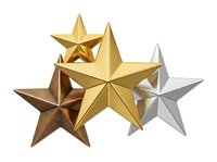 Metallic stars in gold, bronze, and silver tones arranged in a cluster on transparent background. Isolated design element suitable for awards, ratings, excellence concepts, and decorative applications.