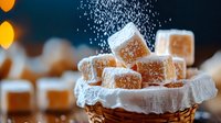 Turkish delight confectionery dusted with powdered sugar in wicker basket with festive bokeh lights background for dessert and sweet treat concepts.