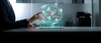 Businessman using futuristic holographic globe technology in modern office environment for global business communication and digital innovation.