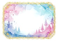 Watercolor fairy tale landscape with castle and forest in pastel colors, decorative golden border frame for fantasy storytelling and magical designs.