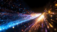 Glowing blue and golden light trails with sparkling particles create dynamic motion effect against dark background, suggesting speed, technology and digital transformation.
