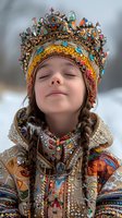 Young woman in ornate traditional folk costume with decorated headdress and embroidered dress, eyes closed in peaceful expression against winter background.